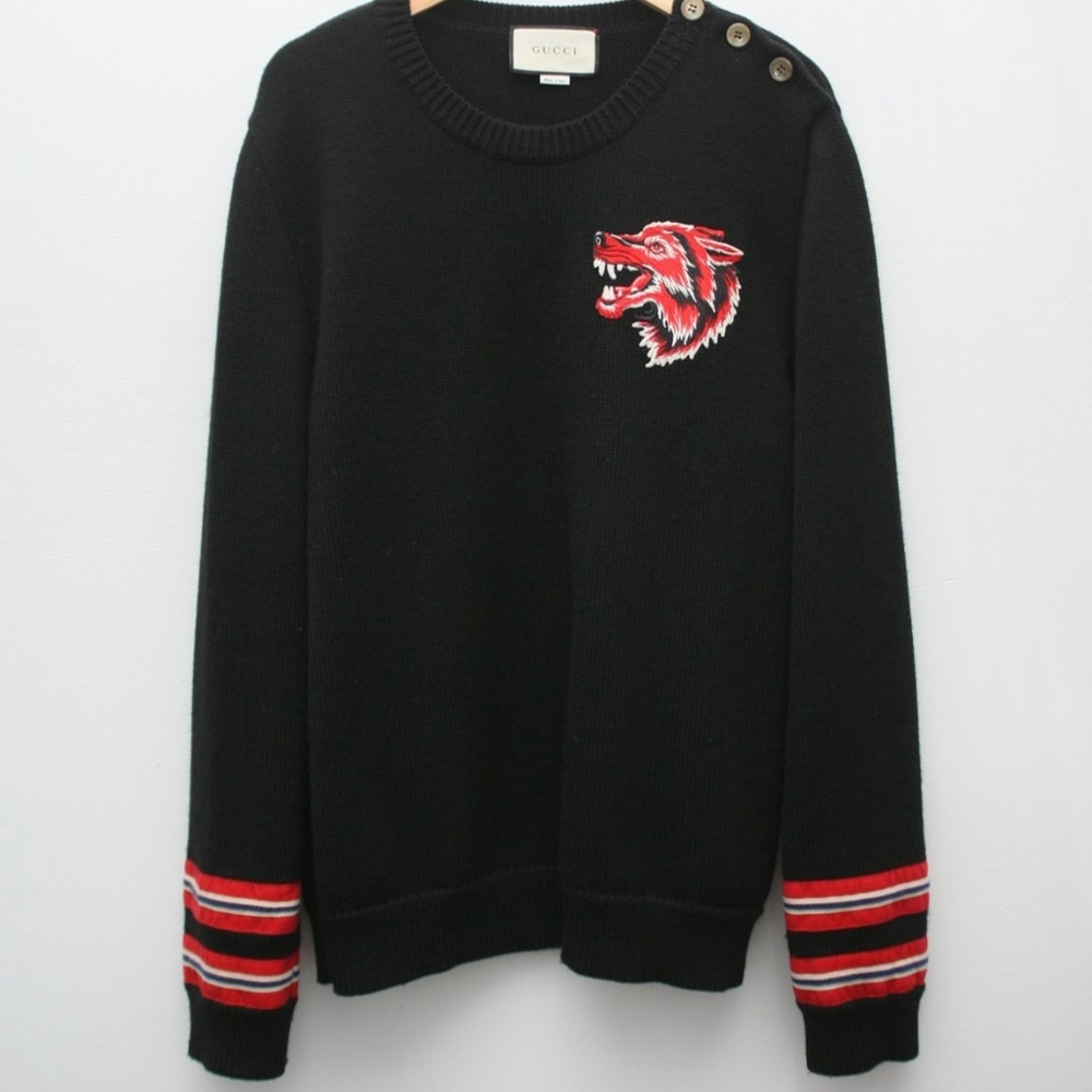 Gucci Black Knitwear Wolf Embroidery Sweater